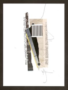 an abstract collage with black, white and yellow lines on it's paper