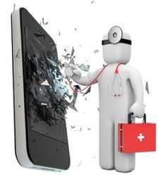 a person with a stethoscope standing next to a cell phone that has shattered glass on it