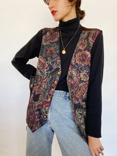 90s Best Outfits, Colored Vest Outfit, Printed Vest Outfit, Vintage Waistcoat Outfit, Patterned Vest Outfit, Tapestry Vest Outfit, Funky Vest Outfit, Jean Vest Outfits Winter, Colorful Vest Outfit