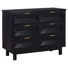 a black dresser with gold handles and drawers on the bottom shelf, against a white background