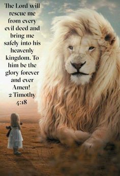 a girl standing next to a lion with a bible verse on the front and back