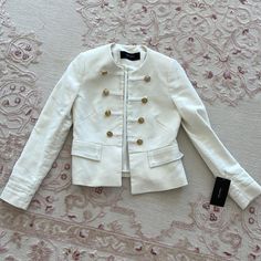 White Zara Jacket. Gold Hardware. New With Tags White Spring Outerwear With Buttons, Chic White Outerwear With Button Closure, Chic White Outerwear With Buttons, Formal White Zara Outerwear, White Spring Blazer With Button Closure, Chic White Zara Outerwear, Zara White Formal Outerwear, Zara White Winter Blazer, Fitted White Zara Outerwear