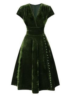 Green 1940s Deep V-Neck Pearl Velvet Dress | Retro Stage Velvet Dress Green, Overalls Design, 1940s Fashion Women, Vintage Christmas Dress, Retro Stage, Overalls Shorts, Ditsy Floral Dress, Green Velvet Dress, Pearl Details