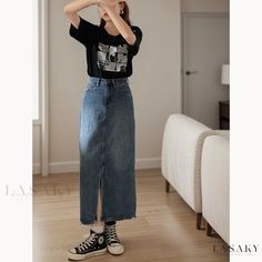 Lasaky - Classic Vintage Denim Skirt with Side Slits - Minimalist and Timeless Design Non-stretch Split Skirt In Casual Style, Casual Non-stretch Split Skirt, Casual Split Skirt, Casual Bottoms With Split Design, Vintage Denim Skirt, Minimalist Vintage, Denim Midi Skirt, Split Hem, Types Of Skirts