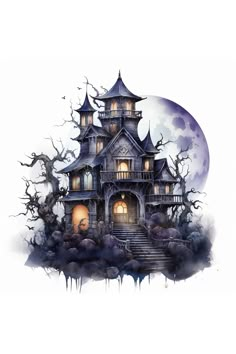 Haunted House Halloween Clipart Haunted House Graphic, Fall House Drawing, Halloween House Drawing, Haunted House Watercolor, Halloween Drawings Ideas Sketches, Halloween Watercolor Art, Haunted House Art, Haunted House Clipart, Haunted House Pictures