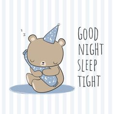 a brown teddy bear wearing a blue bib and a party hat with the words good night sleep tight on it