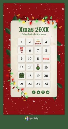 a calendar with christmas decorations on it and the words xmass 20x9