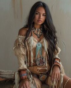 a beautiful young woman sitting on top of a bed wearing a native american dress and jewelry