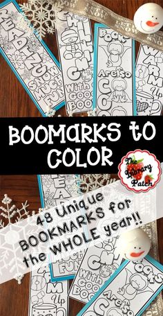 snow themed bookmarks to color for christmas and new year's eve with text overlay