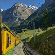 a yellow train traveling through a lush green mountain side covered in snow capped mountains behind it