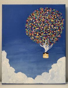 a painting of a tree with lots of balloons in the shape of a house on it