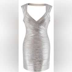 As Far As I Know This Is Authentic! Amazing Quality Only Flaw Is Inside Label Tag Is Hanging On By A Few Threads Silver Fitted V-neck Evening Dress, Silver V-neck Cocktail Dress, Silver V-neck Mini Dress For Wedding, Silver Evening Dress For Summer, Elegant Silver Mini Dress For Summer, Elegant Sleeveless Metallic Mini Dress, Elegant Metallic Silver Mini Dress For Summer, Silver Chic Cocktail Evening Dress, Chic Silver Cocktail Evening Dress