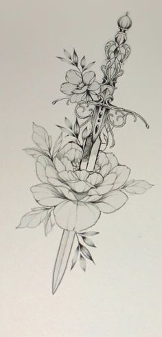 a pencil drawing of a knife and flowers