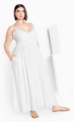 Love is in the air with the Martina Maxi Dress. Highlighting a V-neckline with a scalloped edge for a delicate touch, the adjustable straps provide you with a customized tailoring. Key Features Include: - V neckline with scalloped edge - Lace bodice - Adjustable straps - Ruched back panel - A-line maxi length skirt - Fully lined Team with white sandals for brunch with the girls. | Plus Size Martina Maxi Dress in Ivory, Size 12 | City Chic Lace Bodice Maxi Dress, Beach White Dress, Ginger Dress, Petite Maxi Dress, Rose Print Dress, Halter Neck Maxi Dress, Tulip Dress, Resort Dresses, Exclusive Dress