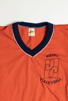 "Size: Medium Brand: Russell Athletic Color: Orange Material: Cotton / Polyester Length: 25 Chest Width: 16\" Vintage Condition Notes: - Item is generally in good condition. Like all vintage clothing, it shows some signs of wear, but there are no outstanding flaws." Vintage Athletic Wear, Vintage Gym, Gym Shirt, Volley Ball, Fisherman Sweater, Printed Joggers, Sports Apparel, Gym Shirts, Russell Athletic