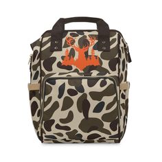 a leopard print backpack with an orange deer on it