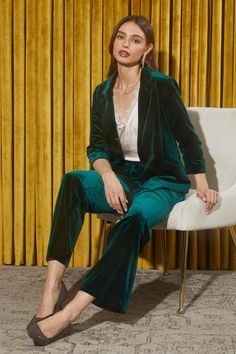 Plush velvet makes for a luxe look (and feel) on this open-front blazer with ruched sleeves. Slip it on with a slinky top and our matching velvet pants for date nights or dressed-up dinners with friends.    AVAILABLE IN PLUS      PAIR IT WITH    ?Notched lapels  ?Three-quarter sleeves with ruched detailing     Item number 23934 90% Polyester 10% Spandex Jewel Tone Suit, Dinners With Friends, Open Front Blazer, Dinner With Friends, Date Nights, Velvet Blazer, Velvet Pants, Three Quarter Sleeves, Quarter Sleeve