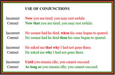 the rules for conjunctions in english are shown with red and green writing on white paper