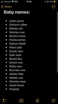 the baby names app is shown on an iphone screen, and it's all in yellow