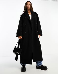 Manteaux et vestes par Monki Ton indispensable pour l'hiver Col cranté Patte de boutonnage Ceinture à nouer Poches latérales Coupe classique Large Trench Coat Outfit, Black Belted Coat, Outfit With Long Coat, Weekday Coat, Winter Black Coat, Outfit With Black Trench Coat, Uniqlo Down Jacket, Black Long Jacket, Oversized Black Coat