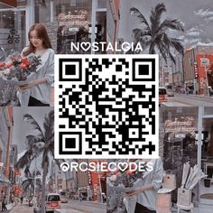 a woman is holding flowers in front of a qr - code image that reads nostalqia