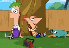 two cartoon characters standing in the grass near a tree and an object on the ground