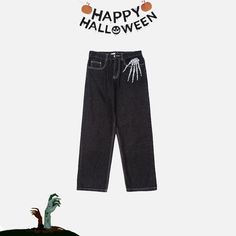 Get ready for Halloween with these stylish mid-waist denim trousers! They come with a zipper fly and feature a unique embroidery of a skeleton hand, adding a spooky twist to your wardrobe. DETAILSMaterial: DenimClosure Type: Zipper flyWaist Type: MID Punk Halloween Jeans For Streetwear, Punk Jeans For Halloween Streetwear, Edgy Halloween Streetwear Jeans, Black Jeans For Halloween Streetwear, Edgy Black Halloween Jeans, Black Edgy Jeans For Halloween, Black Grunge Jeans For Halloween, Edgy Halloween Pants With Pockets, Grunge Cotton Pants For Halloween