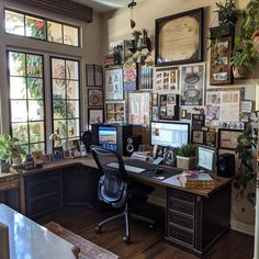 Curated Pictures for Office: Work From Home L Shaped Home Office Layout, Home Art Office, Dark Boho Office Room, Personal Study Room, Boho Gaming Desk, Library Office Design, Black Walls Home Office, Small Corporate Office Decor, Moody Therapy Office