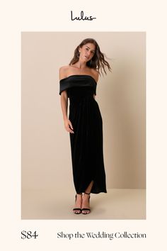 An evening of magic awaits you in the Lulus I'm Enchanted Black Velvet Off-the-Shoulder Maxi Dress! This gorgeous stretch velvet maxi has a folded-over off-the-shoulder neckline (with hidden no-slip strips) that continues into short sleeves. A high, banded waist flows into an overlapped tulip maxi skirt. Hidden side zipper/clasp. Fit: This garment fits true to size. Length: Ankle length. Size medium measures 49" from top to bottom. Bust: Great for any cup size. Waist: Fitted - very fitted at nat Mid Thigh Dress, Velvet Maxi Dress, Velvet Maxi, Lulu Fashion, Tulip Skirt, Formal Dresses Gowns, Adhesive Bra, Stretch Velvet, Cup Size