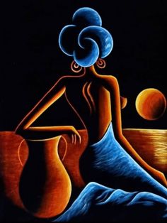 a painting of a woman sitting next to a vase and an orange moon in the sky