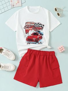 Teen Girl Racing Car Printed Short Sleeve Outfit Suitable For Summer Daily Wear, Party, And Leisure Red Casual  Short Sleeve Knitted Fabric,Woven Fabric Car,Graphic,Letter  Slight Stretch  Teen Girls Clothing, size features are:Bust: ,Length: ,Sleeve Length: Cheap Red Summer Pajama Shorts, Cheap Red T-shirt For The Beach, Retro Red Beach Shorts, Red Flag Print Beach Shorts, Red Graphic Print Summer Shorts, Racing Girl, Summer Outfits For Teens, Teen Girl Outfits, Kids Beachwear