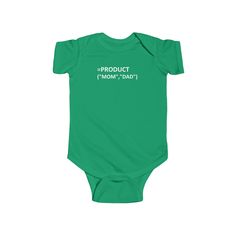 Introduce your baby to the world with a touch of humor in our "Newest Family Formula Onesie." This clever little outfit brings a nerdy twist to baby fashion, featuring the playful text "=PRODUCT("MOM","DAD")". It's the perfect way for new parents to celebrate their special collaboration with a bit of math-inspired fun. Whether it's for everyday cuteness or making an impression at family events, this onesie is soft, comfortable, and sure to spark smiles. Ideal for the family who loves a good spreadsheet joke, it’s a unique way to announce your little one as the latest and greatest result of your combined efforts! Baby clothing needs to be both durable and soft. With the infant fine jersey bodysuit, youths get just that. The fabric is 100% cotton for solid colors. For heather colors, polyest At Family, Little Outfits, Family Events, New Parents, Baby Clothing, Mom Dad, To The World, Baby Fashion, How To Introduce Yourself