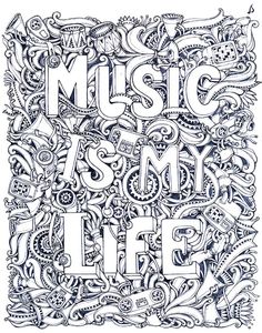 the words music and life written in doodle style on white paper with black ink