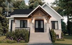 a small house with steps leading up to the front door and windows on each side