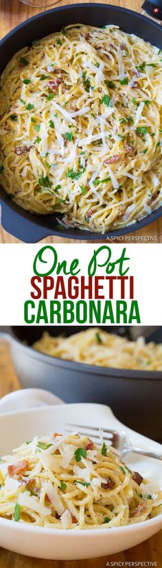 one pot spaghetti carbonara with bacon and parmesan cheese in a skillet