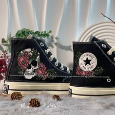 🌿 Love Embroidered Converse 🌿 ❤️ About Our Products: Each pair of shoes from our store is brand new and hand-embroidered to order. Please ensure you select the correct shoe size before checkout. The embroidery is durable and won't fade over time. ✨ Personal Expression: Showcase your unique style with custom embroidery! Contact me to create your own embroidered shoes with a private listing. I'll send you the design for approval before embroidering the shoes. Alternatively, you can design your p Black High-top Custom Sneakers With Embroidered Logo, Converse Black Embroidery, Skull Flower Embroidery, Black High-top Sneakers With Floral Embroidery, Skull Converse Shoes, Converse Embroidery, Embroidered Sneakers, Embroidered Converse, Design Shoes