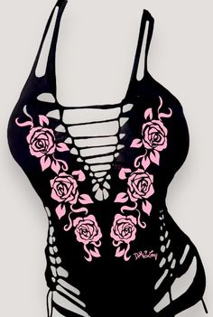 Pink Fitted Strappy Top, Fitted Strappy Pink Top, Fitted Pink Strappy Top, Fitted Black Top With Rose Print, Cowgirl Pinup, Ladies Motorcycle