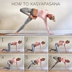 a woman doing yoga poses with her hands in the air and one leg bent down