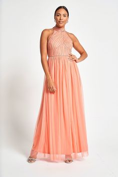 Caroline Coral Embellished Halter Neck Maxi Dress Pink Halter Neck Formal Evening Dress, Formal Pink Halter Neck Evening Dress, Glamorous Maxi Halter Dress For Wedding, Glamorous Maxi Length Halter Dress For Wedding, Embellished Halter Neck Evening Dress For Summer, Summer Gala Dress With Beaded Straps, Embellished Halter Neck Maxi Dress For Prom, Spring Prom Halter Neck Evening Dress, Embellished Halter Neck Prom Dress