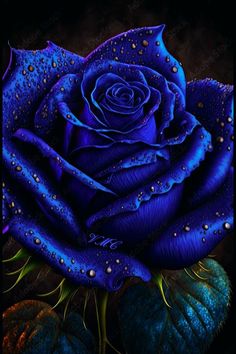 a painting of a blue rose with water droplets on it's petals and leaves