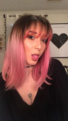 Bottom Half Pink Hair, Pink Ombre Hair With Bangs, Pink Hair Streaks With Bangs, Pink Balayage With Bangs, Dark Pink Hair With Bangs, Tips Of Bangs Dyed, Pink Money Piece Hair With Bangs, Pink Hair And Bangs, Pink Fringe Hair