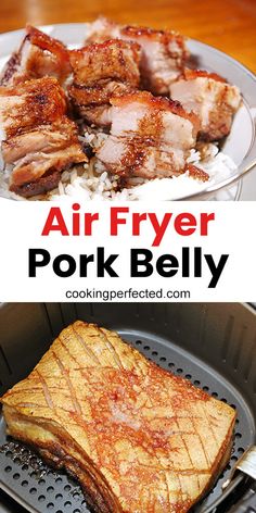 air fryer pork belly recipe with text overlay