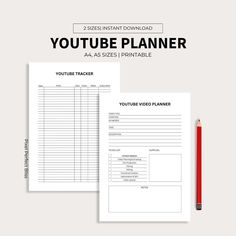 a video planner with a red pencil next to it and the text youtubee planner