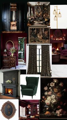 a collage of different rooms with furniture and decor in them, including a fireplace