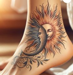 a woman's foot with a sun and moon tattoo on it