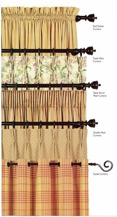 an image of curtains and valances with the names in english, french, and spanish