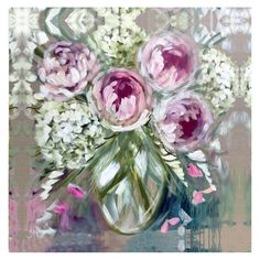 a painting of pink and white flowers in a vase