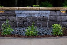 a water fountain in front of a stone wall with plants growing out of it's sides