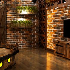 a living room with brick walls and wooden floors is lit up by lights from the ceiling