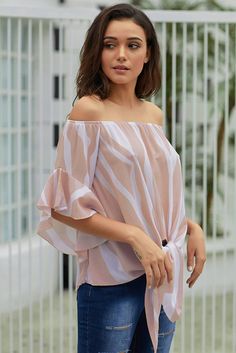 Off The Shoulder Pink White Vertical Stripes Blouse Stripes Blouse, Tops Online Shopping, Stylish Loungewear, Zaful Bikinis, Simple Summer Outfits, Pink Zebra, Jolie Photo, Loose Blouse, Striped Tie